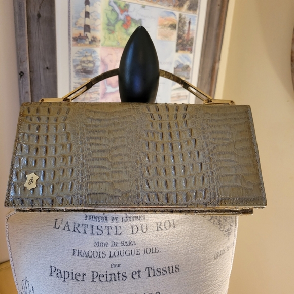 Genuine Leather True Vintage Sliding Hinge Top Handle Clutch Handbag Suede int. - Picture 11 of 12